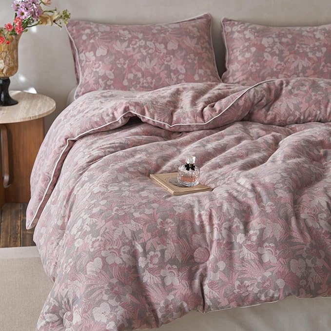 HighBuy Pink Floral King Size Comforter Set Muslin Cotton Soft Luxury Boho King Comforter Jacquard Print Breathable Lightweight Fluffy Bedding Sets with 1 Comforter and 2 Pillow Shams