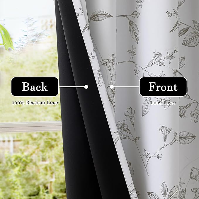 ChrisDowa 100% Blackout Floral Curtains 72 Inches Long 2 Panels for Bedroom Living Room Grey Flower Patterned Room Darkening Thermal Insulated Soundproof Grommet Window Treatments Drapes,52X72