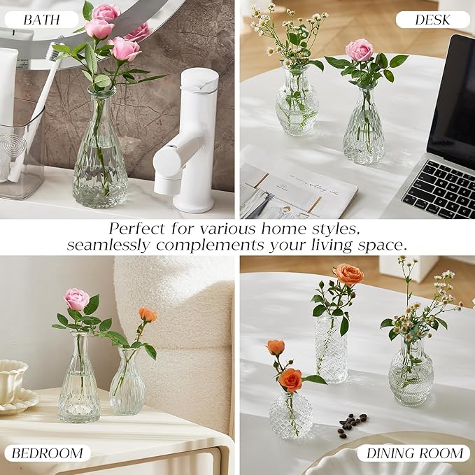 Glass Bud Vase Set of 60 - Small Vases for Flowers in Bulk - Assorted Vintage Crystal Vases for Flowers, Table Centerpieces (Clear, 60 Pcs)