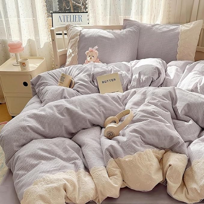 LifeTB Purple Gingham Duvet Cover Twin XL Cozy Washed Microfiber Purple Checkered Plaid Duvet Cover with 2 Pillowcases Romantic White Lace Comforter Cover 3 Pieces Gingham Grid Bedding Set