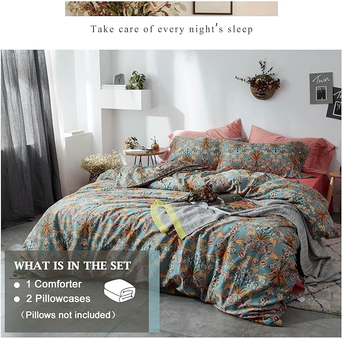 VM VOUGEMARKET Boho Comforter Set Full,Green Medallion Floral Bedding Set Retro Vibrant Bohemian Pattern Quit Comforter with 2 Pillowcases