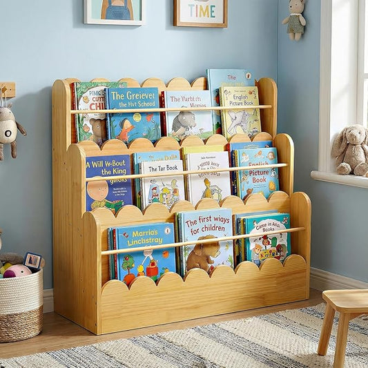 Scalloped Design | 3-Tier Montessori Solid Wood Kids Bookcase | 29.6" Wide Toddler Storage Shelf | Easy Access Floor Display Furniture for Playroom/Nursery