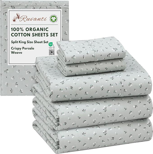RUVANTI 100% Organic Cotton Sheets Split King, Percale Weave, GOTS Certified, 5-Piece Set, Deep Pocket 15", Crisp & Breathable, Soft Durable Bedding, Sábanas Algodón Orgánico – Bud Club
