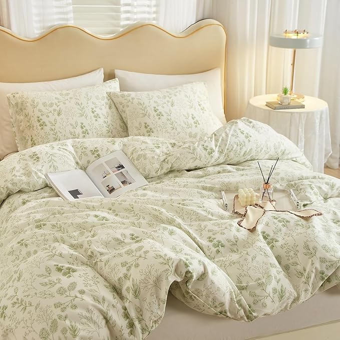 LifeTB Green Floral Duvet Cover Twin XL 3 Pieces Vintage Flower Duvet Cover 100% Cotton Coquette Bedding Comforter Cover Aesthetic Twin XL Bedding Set Botanical Comforter Cover with Zipper Closure