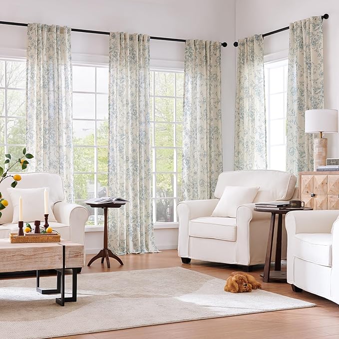 jinchan Linen Blend Curtain Floral Curtains for Living Room 63 Inch Length Blue Printed Curtain Rod Pocket Back Tab Farmhouse Peony Flower Patterned Drapes Bedroom Window Curtains Set 2 Panels
