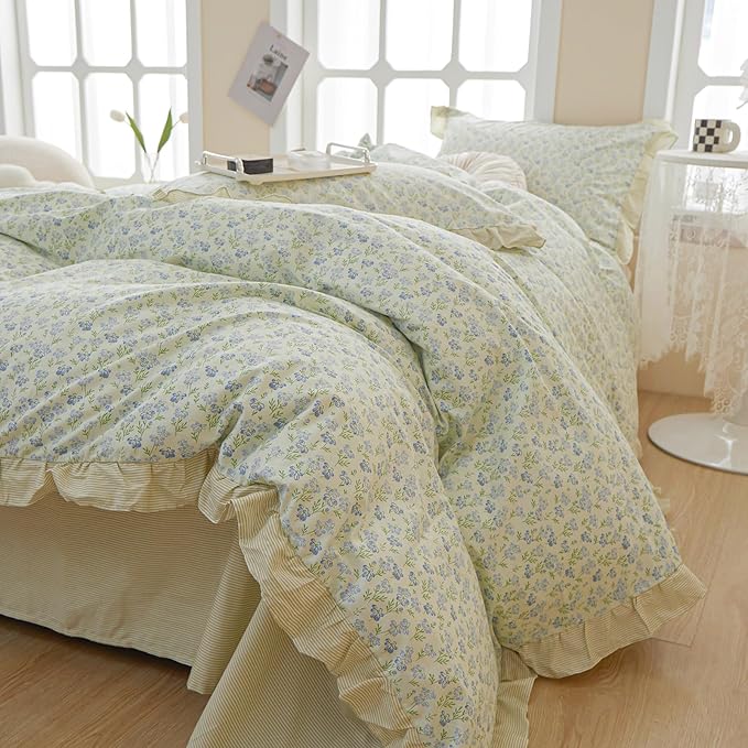 VM VOUGEMARKET Green Comforter Set Twin with Lace Edge Blue Flower Bedding Comforter Set Reversible Romantic Ruffle Comfroter Cover with 2 Pillow Shams(3pcs,Twin XL)