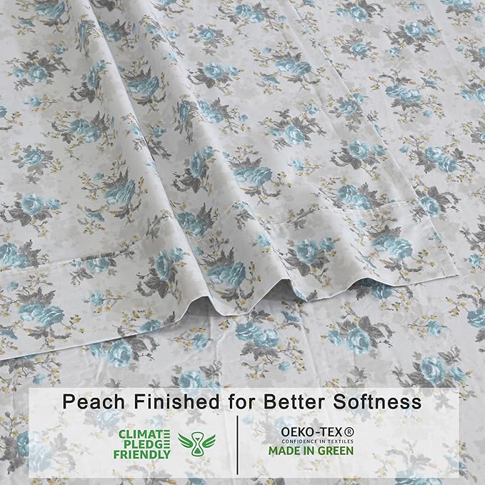 RUVANTI 100% Organic Cotton Sheets Twin XL, Percale Weave, GOTS Certified, 3-Piece Set, Deep Pocket 15", Crisp & Breathable, Soft Durable Bedding, Sábanas Algodón Orgánico – Blue Rose