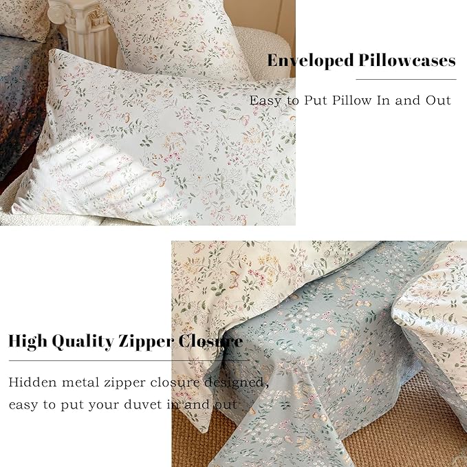 EAVD Garden Botanical Floral Duvet Cover Queen Soft Cotton Chic Shabby Floral Leaves Pattern Bedding Set with 2 Pillowcases Fresh Cute Botanical Comforter Cover with Zipper Closure