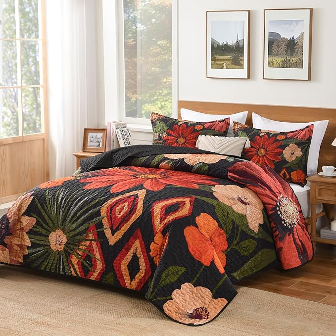 Andency Floral Boho Quilt Super King Plus Size Bedding Set Black, 3 Pieces Farmhouse Flower Botanical Summer Bedspreads with 2 Shams, Soft Reversible Microfiber Coverlet Set for All Season, 128"x120"