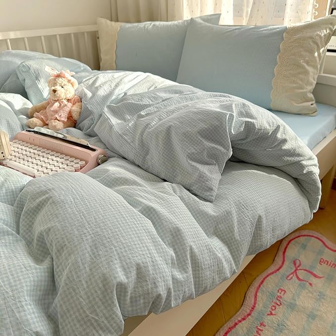 LifeTB Blue Gingham Duvet Cover Twin 3 Pieces Blue Plaid Comforter Cover with Chic White Lace Soft Microfiber Checkered Grid Duvet Cover with 2 Pillowcases Breathable Gingham Plaid Bedding Set