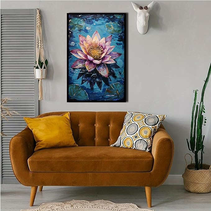 Gorgeous pink and purple water lilies on deep blue water Eye-catching oil painting Serene aquatic wall art for modern home decor 12x18in Metal blackFramed