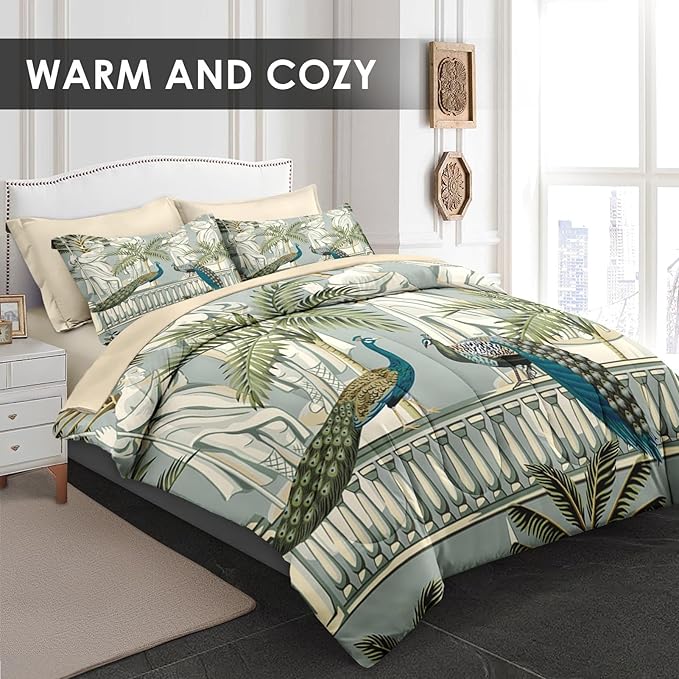 Comforter Set Full Size, Peacock Bird Animal 7 Pcs Bedding for Kids and Adults, Floral Botanical Grey Green Bed Sheet Sets with Fitted Sheet 2 Pillowcase & 2 Sham for Bedroom Bed Decor