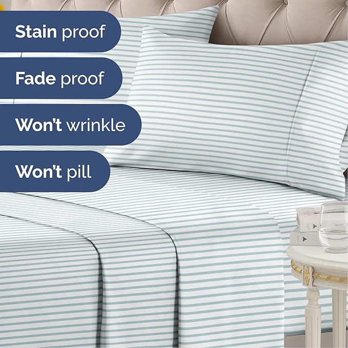 Striped Sheets - Blue & White Striped Sheets - 1 Flat & 1 Fitted & 2 Pillowcases w/ Deep Pockets – Comfy, Wrinkle & Fade Free - Soft, Breathable & Cooling - Luxury Pinstripe Bedding - Full Size Set