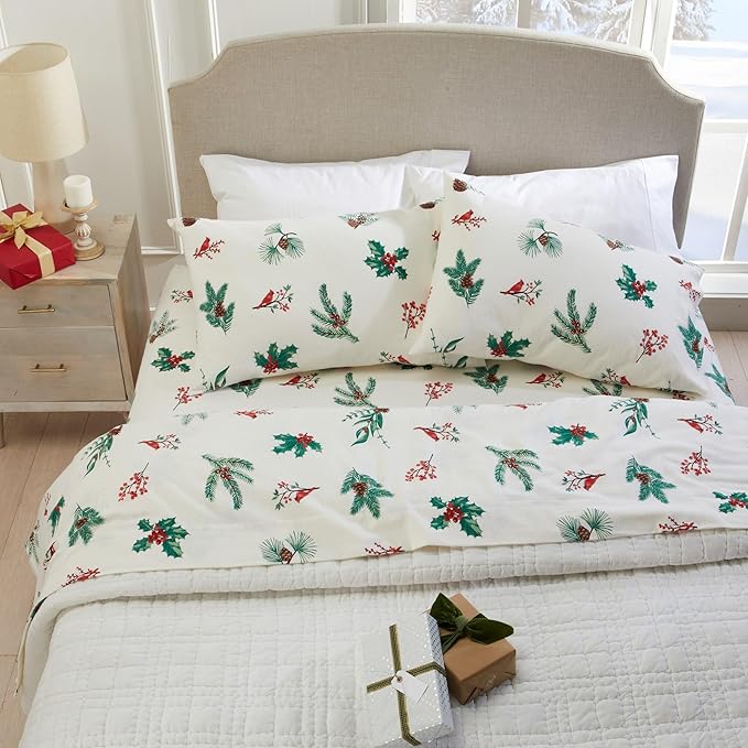 Market & Place 100% Cotton Full Flannel Sheet Set | 4 Piece Deep Pocket Novelty Cozy Winter Bed Sheets | Double Brushed for Extra Softness & Comfort | Alpine Collection (Full, Cardinal & Pine)