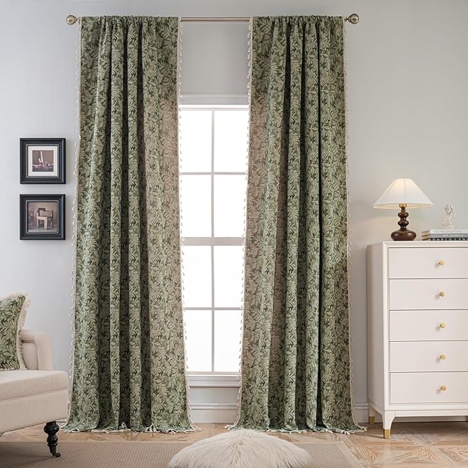 ENJOYBRIDAL Green Leaf 96 Inch Curtains 2 Panel Sets Farmhouse Long Drapes Semi Sheer Rod Pocket Bedroom Rustic Window Curtain Panels Living Room Boho Aesthetic Country Tassel Window Treatments
