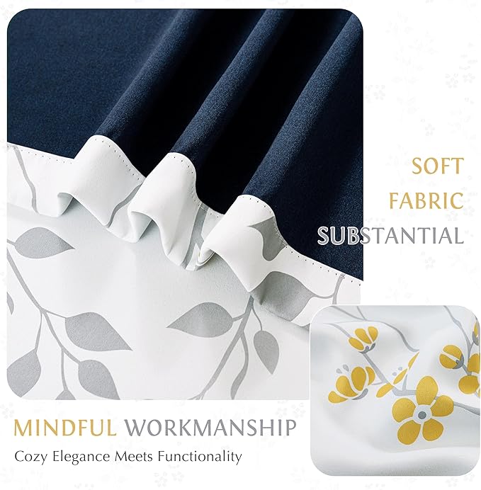 Beauoop Floral 100% Blackout Curtains 72 Inches Long 2 Panels for Bedroom Living Room Yellow Grey and White Flower Patterned Room Darkening Thermal Soundproof Grommet Window Treatments Drapes, 52X72