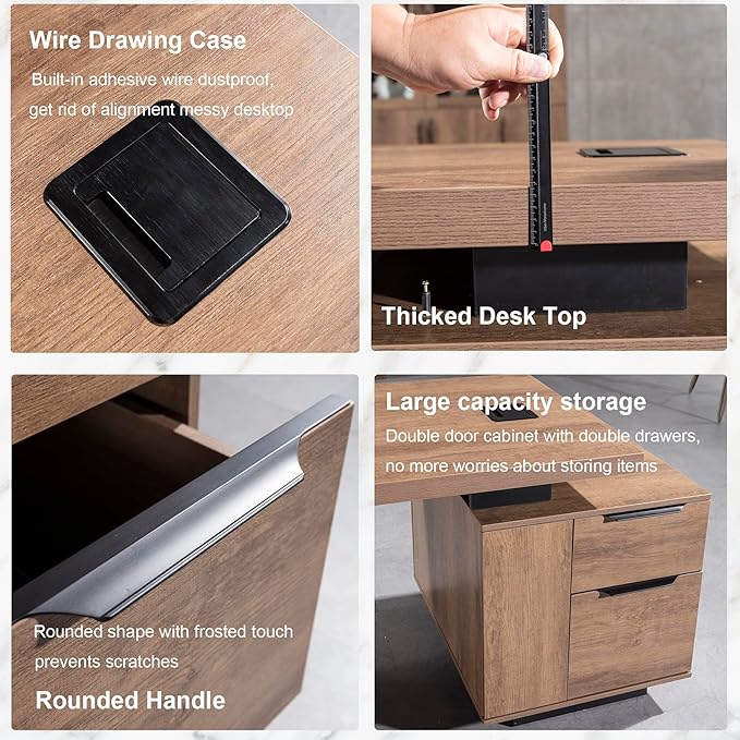 Modern Executive Desk, Rectangle Office Desk with Storage Cabinet, Width Adjustable Standing Desks, Stand Under Table Storage Organizer, Wood