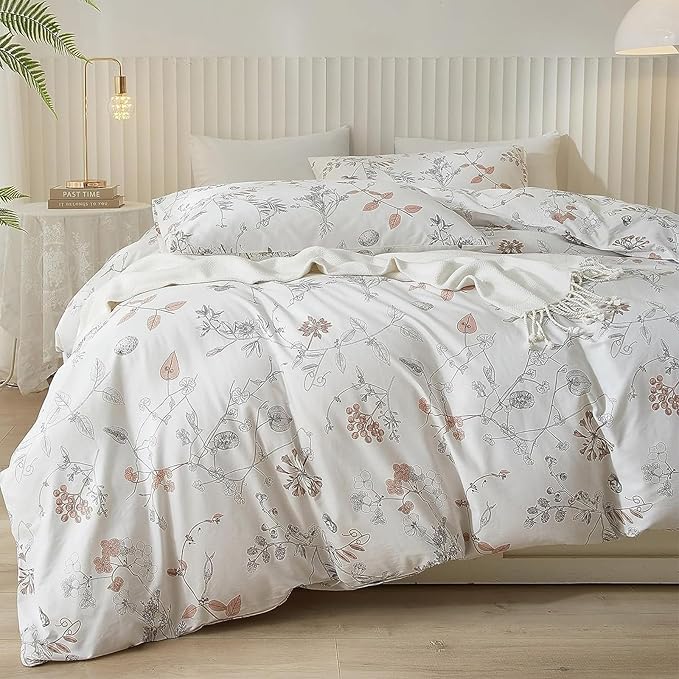 EAVD Vintage Style Garden Floral Duvet Cover Queen Soft Cotton Chic Floral Bedding Set with 2 Pillowcases Aesthetic Spring Botanical Duvet Cover Set for Girls Women