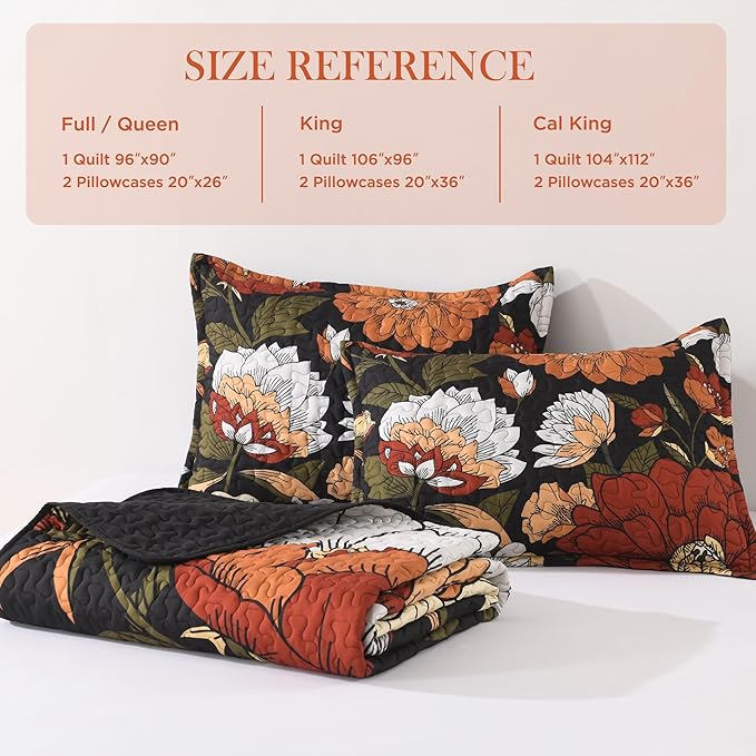 Andency Floral Boho Quilt King Size Bedding Set Black, 3 Pieces Farmhouse Flower Botanical Summer Bedspreads with 2 Shams, Soft Reversible Lightweight Microfiber Coverlet Set for All Season, 106"x96"
