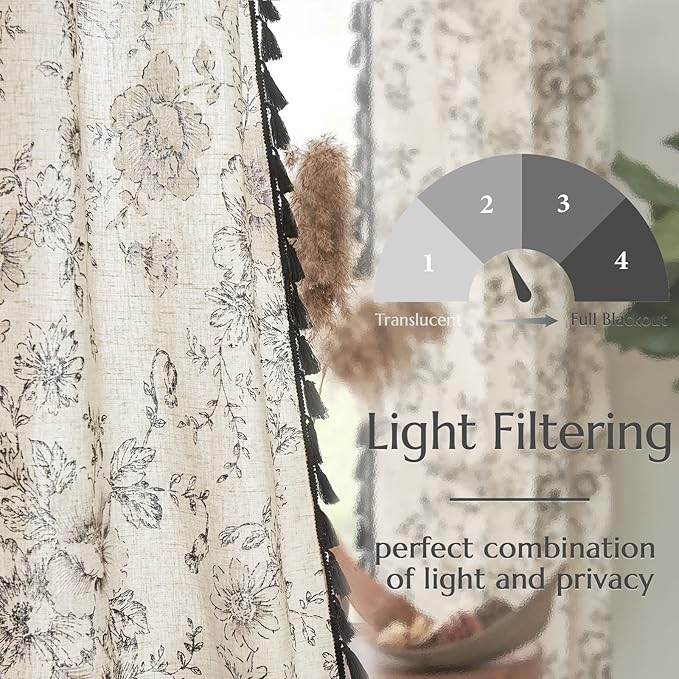 JINCHAN Linen Blend Floral Curtains for Living Room & Bedroom - 63 Inch Length Printed Curtains with Tassels & Rod Pocket - Farmhouse Rustic Peony Flower Patterned Drapes - Set of 2 Panels