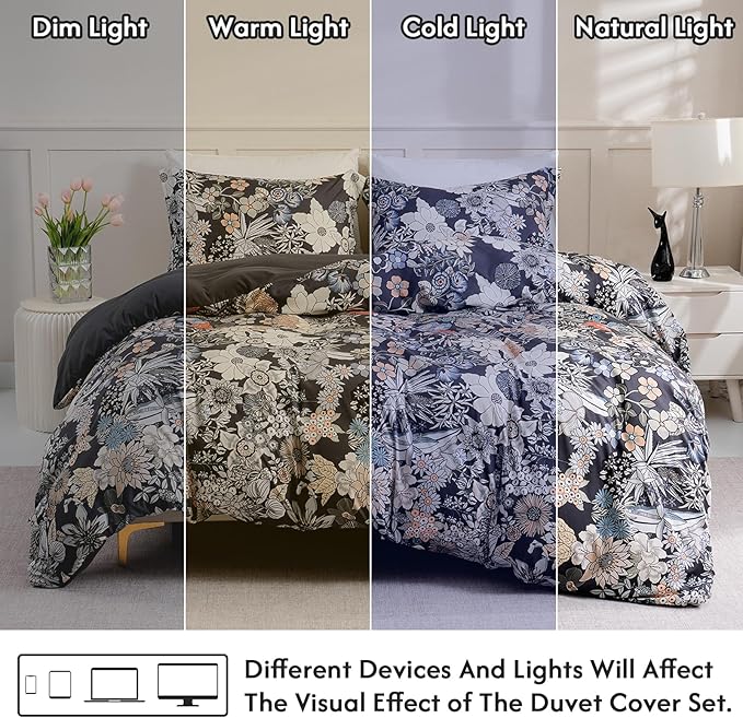 LONAVA Queen Flower 3 Pcs Duvet Cover Set, Breathable Soft Microfiber Black Lining Comforter Cover with Zipper Closure, and 2 Anti-Pilling, Fade Resistant Pillowcases, Midnight Blossoms