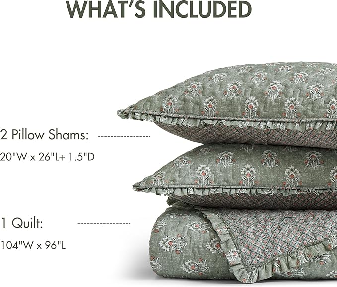 Madison Park Vintage Floral Quilt Set King Size, Reversible Bedding & Lightweight Bedspread Set, Traditional Block Print Coverlets with Ruffled Edge, 3-Piece with 2 Shams, Sage Green