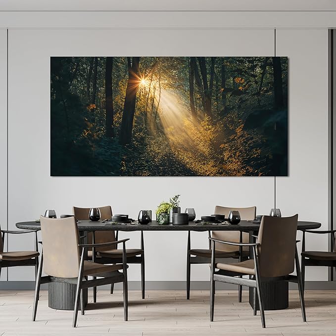 Canvas Wall Art Landscape Dark Green Wall Art Large Sunny Forest Trail Wall Art Decor Artwork For Walls Pictures Prints For Bedroom Decorations Pictures For Living Room Office Wall Decor 24“ X 48”