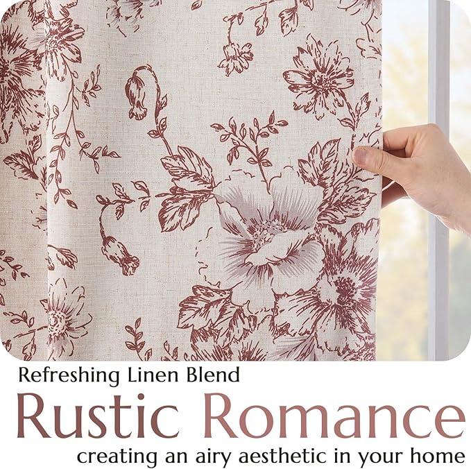 jinchan Blackout Floral Curtains Linen Blend Curtain for Living Room 63 Inch Length Christmas Brick Red Flower Printed Drapes for Bedroom Rod Pocket Back Tab Farmhouse Curtains Set 2 Panels