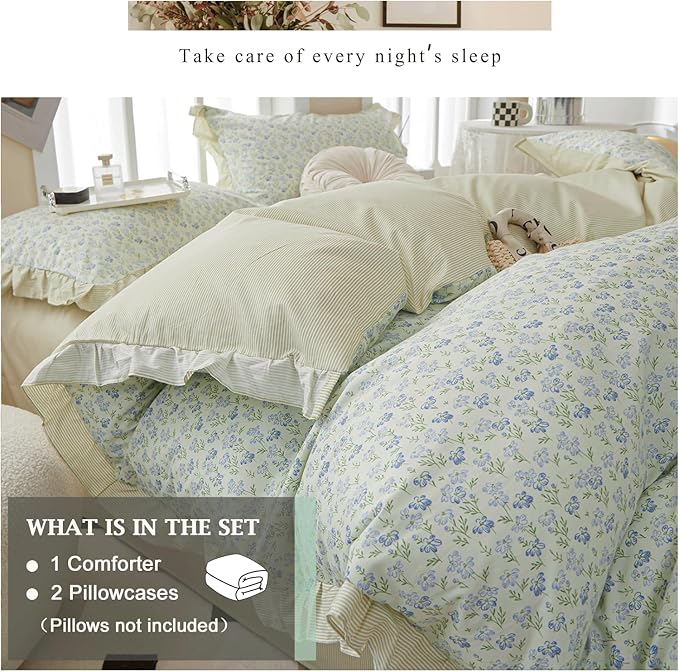 VM VOUGEMARKET Green Comforter Set Twin with Lace Edge Blue Flower Bedding Comforter Set Reversible Romantic Ruffle Comfroter Cover with 2 Pillow Shams(3pcs,Twin XL)