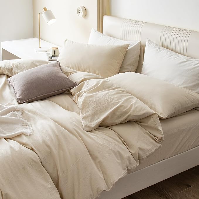JIYUAN 100% Washed Cotton Duvet Cover Set 3 PCS Super King Plus, 1 Duvet Cover 120x120 Inches(Comforter Not Included) and 2 Pillowcases,Linen Feel Bedding Set Comfy and Breathable,Heathered Beige