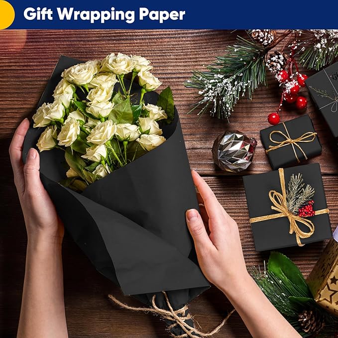 Vanhench 36"x1500" (125') Black Wrapping Paper, Solid Color Kraft Paper Roll for Bulletin Board Poster Construction, Art Crafts, Birthday, Flower Bouquet, Gift Wrapping Paper 80GSM 55LB
