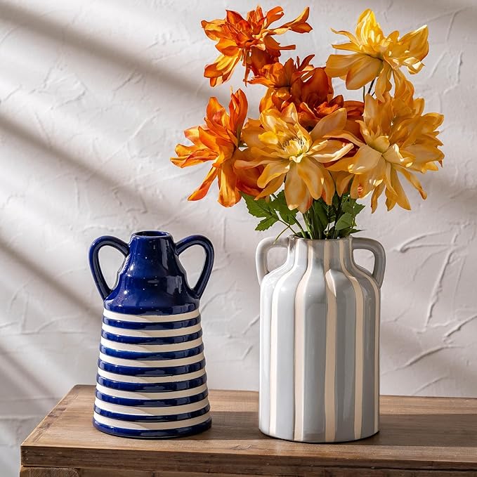 Ceramic Grey and White Checkered Stripes Vase with Handles, Hand-Painted Modern Minimalist Bohemian Floral Vases Home Decor, Cottage Core Decor, Flower Vase for Bouquet Mantle Kitchen Bookshelf 9.1 In