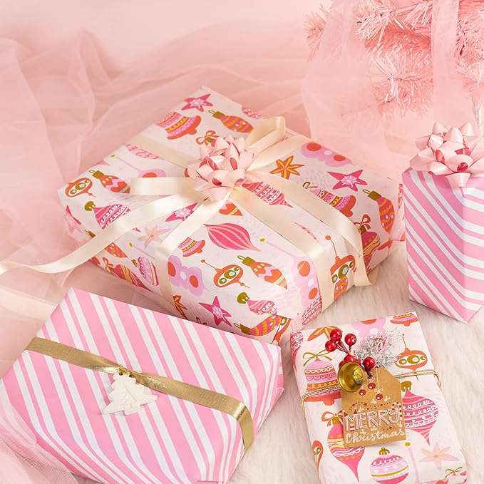 MAYPLUSS Christmas Reversible Wrapping Paper Roll - 17 Inch X 32.8 Feet - Retro Pink Christmas Ornaments and Diagonal Stripes Design Gift Wrap Paper for Christmas, Holiday, New Year Baby Shower