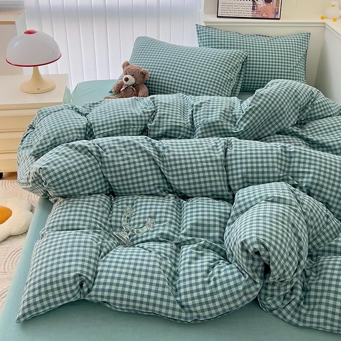 LifeTB Queen Comforter Set Green Gingham Bedding Comforter Modern Style Checkered Pattern Comforter Set Green Blue Grid Plaid Bedding Comforter Lightweight Fluffy Soft Gingham Grid Bedding Set