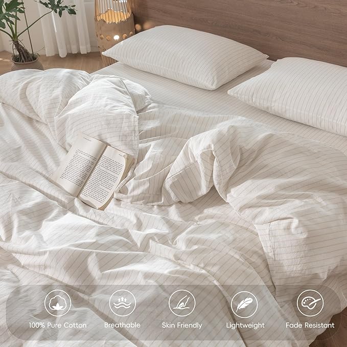 MooMee Striped Duvet Cover Set 100% Washed Cotton Linen Like Textured Breathable Durable Soft Comfy (White Almond Milk Grey Wide Stripes, Twin 68"x90")