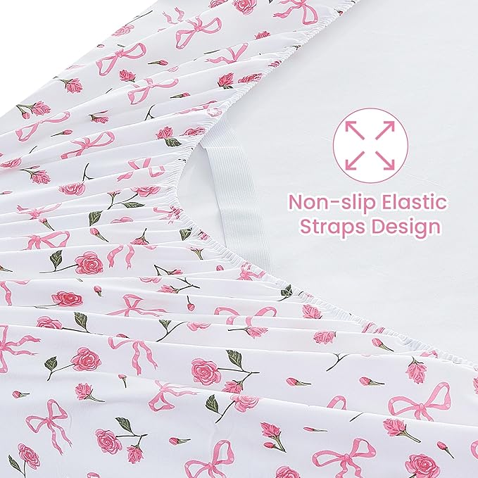 Softan Pink Floral Full Bed Sheets, Cozy Microfiber Flower Printed Sheets with 15" Deep Pocket Fitted Sheet & Non-Slip Straps, Patterned Pink Rose - Bow Sheets & Pillowcase Set