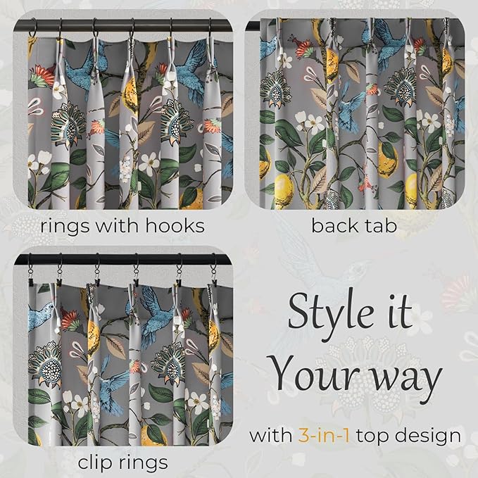 Vintage Floral Pinch Pleated Blackout Curtains 84 Inches Long 2 Panels for Bedroom Living Room Grey White Flower Patterned Room Darkening，Lemon Design Hummingbird Colorful Window Treatments Drapes