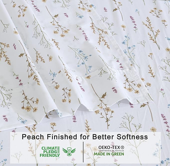 RUVANTI 100% Organic Cotton Sheets Queen Size, Percale Weave, GOTS Certified, 4-Piece Set, Deep Pocket 15", Crisp & Breathable, Soft Durable Bedding, Sábanas Algodón Orgánico – Field Flower