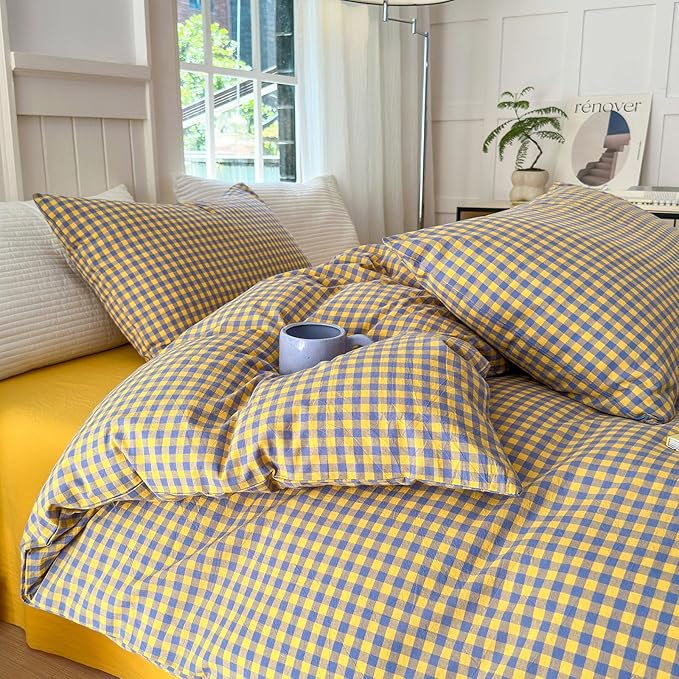 LifeTB Gingham Comforter Set Full Modern Style Purple Yellow Grid Plaid Comforter Set Soft Fluffy Checkered Pattern Comforter with 2 Pillowcases Farmhouse Gingham Grid Bedding Comforter Breathable