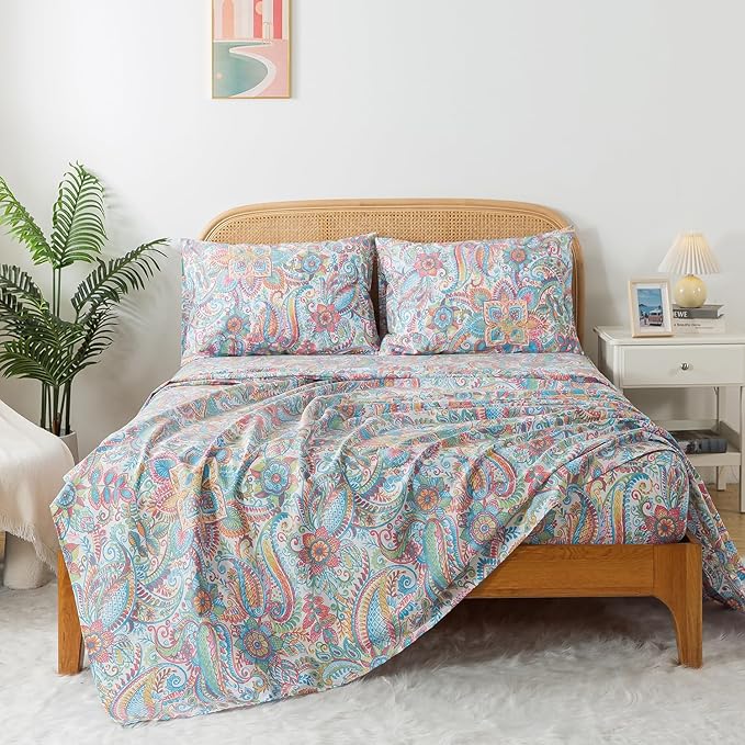 Zusbest California King Floral Sheets 100% Cotton Pink Green Paisley Bed Sheet Set Watercolor Bedding Luxury Soft Breathable Crispy Cooling Percale Sheets 17.5'' Deep Pocket Sheets Cal King, 4 Pieces
