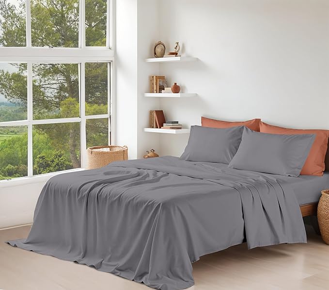 RUVANTI 100% Organic Cotton Sheets Queen Size, Percale Weave, GOTS Certified, 4-Piece Set, Deep Pocket 15", Crisp & Breathable, Soft Durable Bedding, Sábanas Algodón Orgánico – Silver Filigree