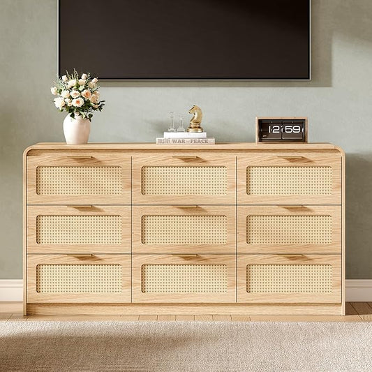 Mid Century Modern Dresser,Rattan 9 Drawers Dresser for Bedroom, 59" Wide Wood Dressers & Chests of Drawers/Curved Profile Design, Natural Texture for Bedroom, Living Room, Warm Wood