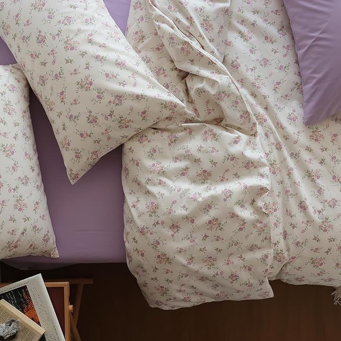 Vintage Style Pink Purple Floral Duvet Cover King 100% Cotton Chic Garden Floral Bedding Set Botanical Flower Comforter Cover with 2 Pillowcases Cottagecore Bedding Cover King with Zipper Closure