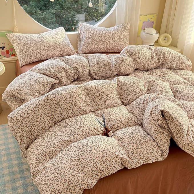 EAVD Chic Garden Small Floral Duvet Cover Twin Soft 100% Muslin Cotton Feel Gauze Vintage Floral Bedding Set with 2 Pillowcases Cottagecore Botanical Print Duvet Cover with Zipper Closure