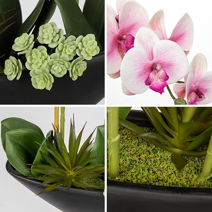 Briful Pink Orchid Fake Flowers 17in Artificial Orchid Silk Flowers in Black Pot Faux Orchid Arrangement for Home Office Bathroom Table Centerpiece Modern Decor