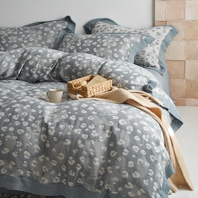 Jacquard Leopard Duvet Cover King Yarn-Dyed Linen Cotton Duvet Cover Vintage Grey Leopard Print Bedding Set Floral Muslin Cotton Jacquard Comforter Cover Boho Leopard Pattern Duvet Cover for Men Women