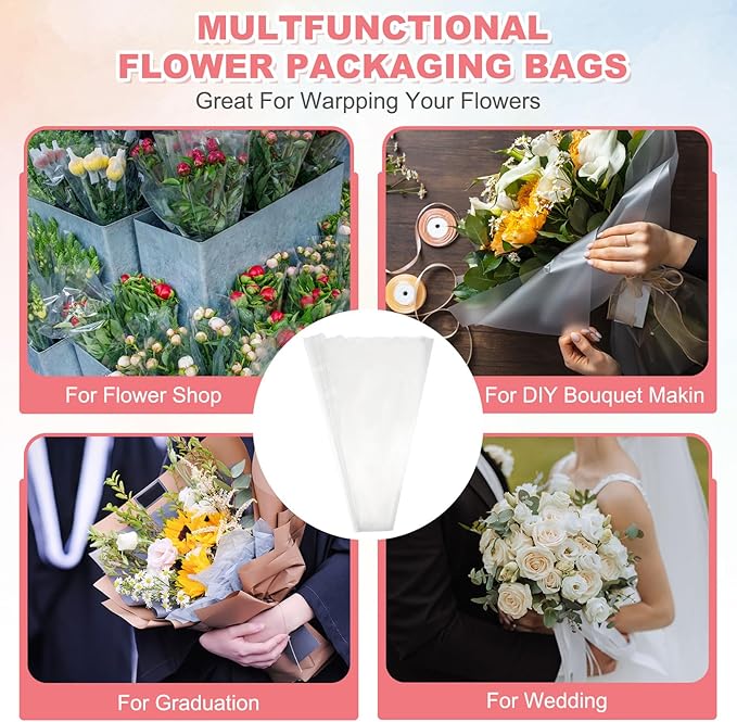 YELARXI Clear Flower Wrapping Bags, Transparent Flower Packaging Bag Waterproof Durable Bouquet Sleeves - Fitting for (Florists/Floral Arrangements Supplies), 4.7x1.6x14.2 Inch & 100Pcs