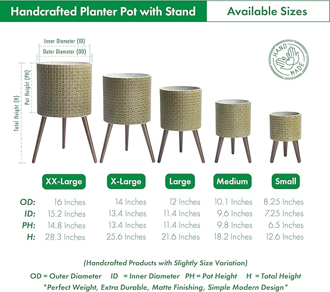 D'vine Dev 10 Inch Modern Geometric Tile Patterned Sleek Planter Pot with Stand, Indoor Outdoor Decorative Plant Holder, Distressed Olive, 88-Z-B-4