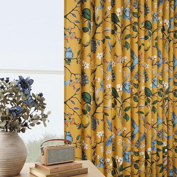 90 Inches Long Curtains 2 Panels for Living Room Bedroom Unique Elegant Colorful Floral Hummingbird Patterned Rustic Mustard Yellow Pinch Pleated Drapes for Classroom Room Office 40x90