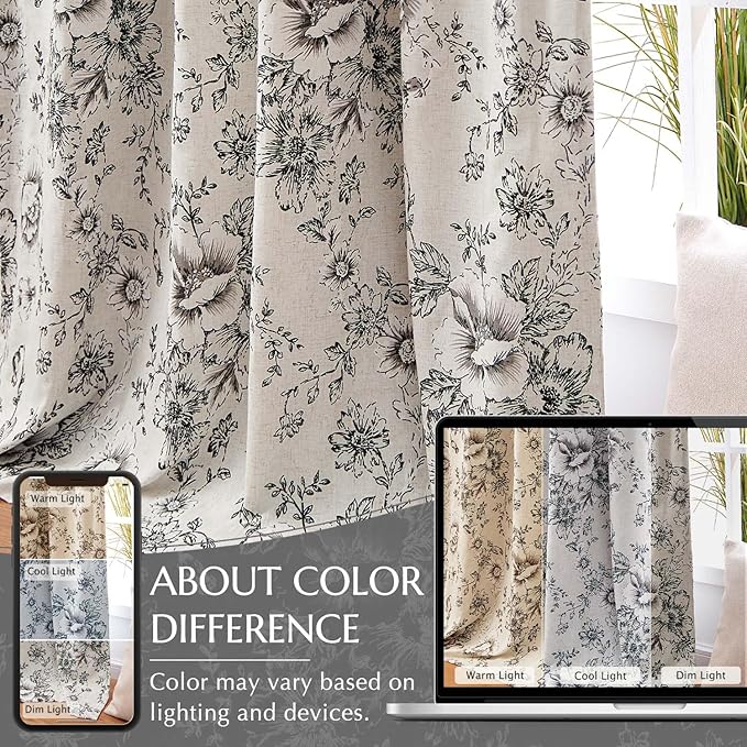 jinchan Blackout Linen Blend Curtain Floral Blackout Curtains for Living Room 63 Inch Length Black Printed with Lined Blackout Curtain for Bedroom Farmhouse Curtains Set 2 Panels